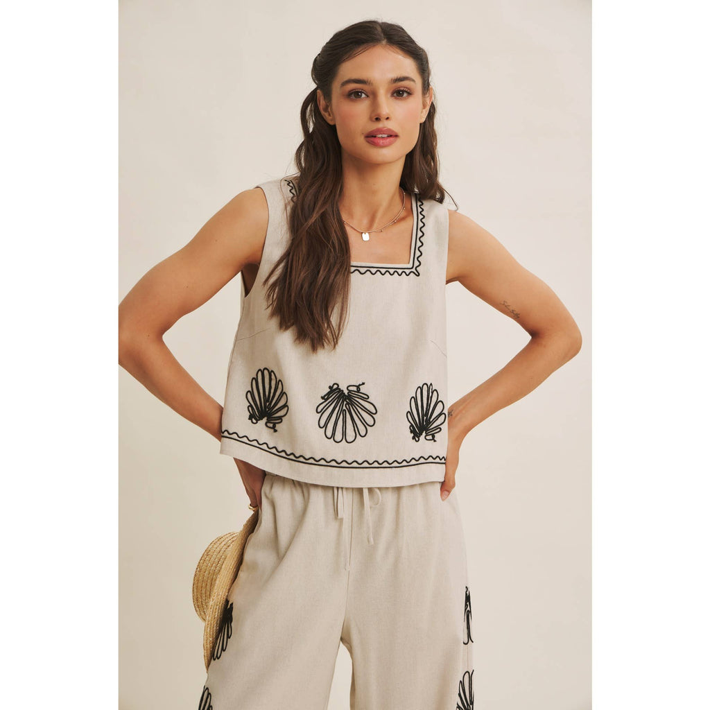 Coastal Seashell Embroidered Top