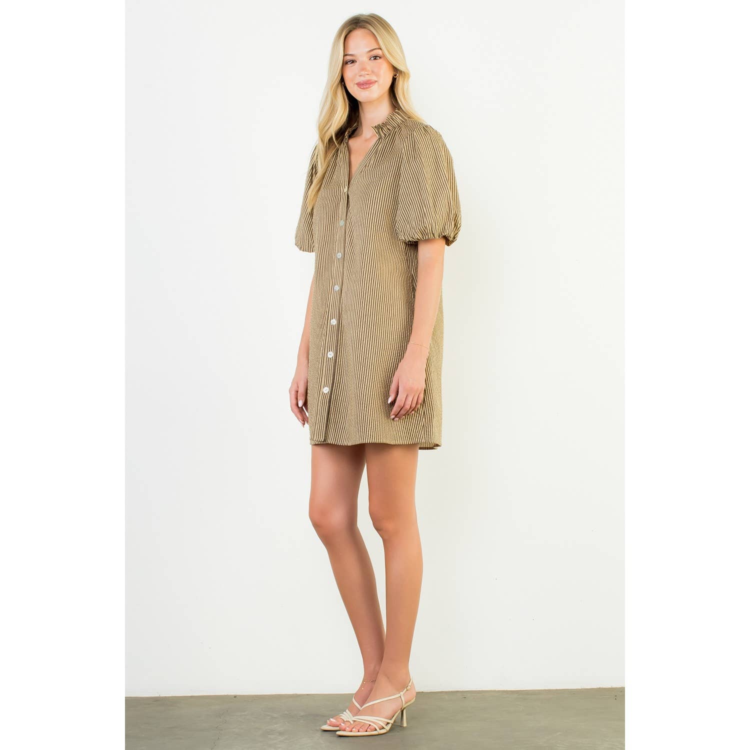 Puff Sleeve Striped Button Up Dress