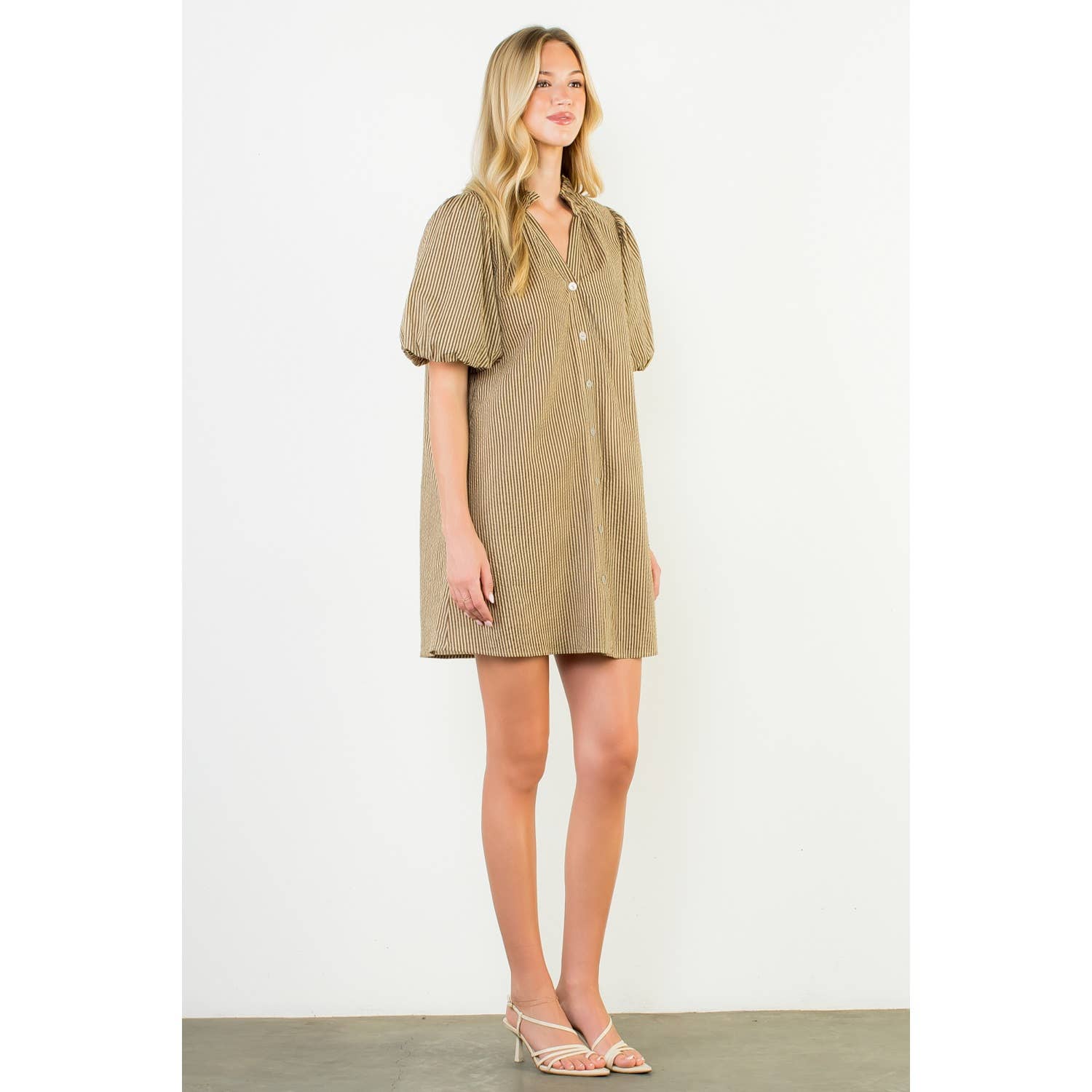 Puff Sleeve Striped Button Up Dress
