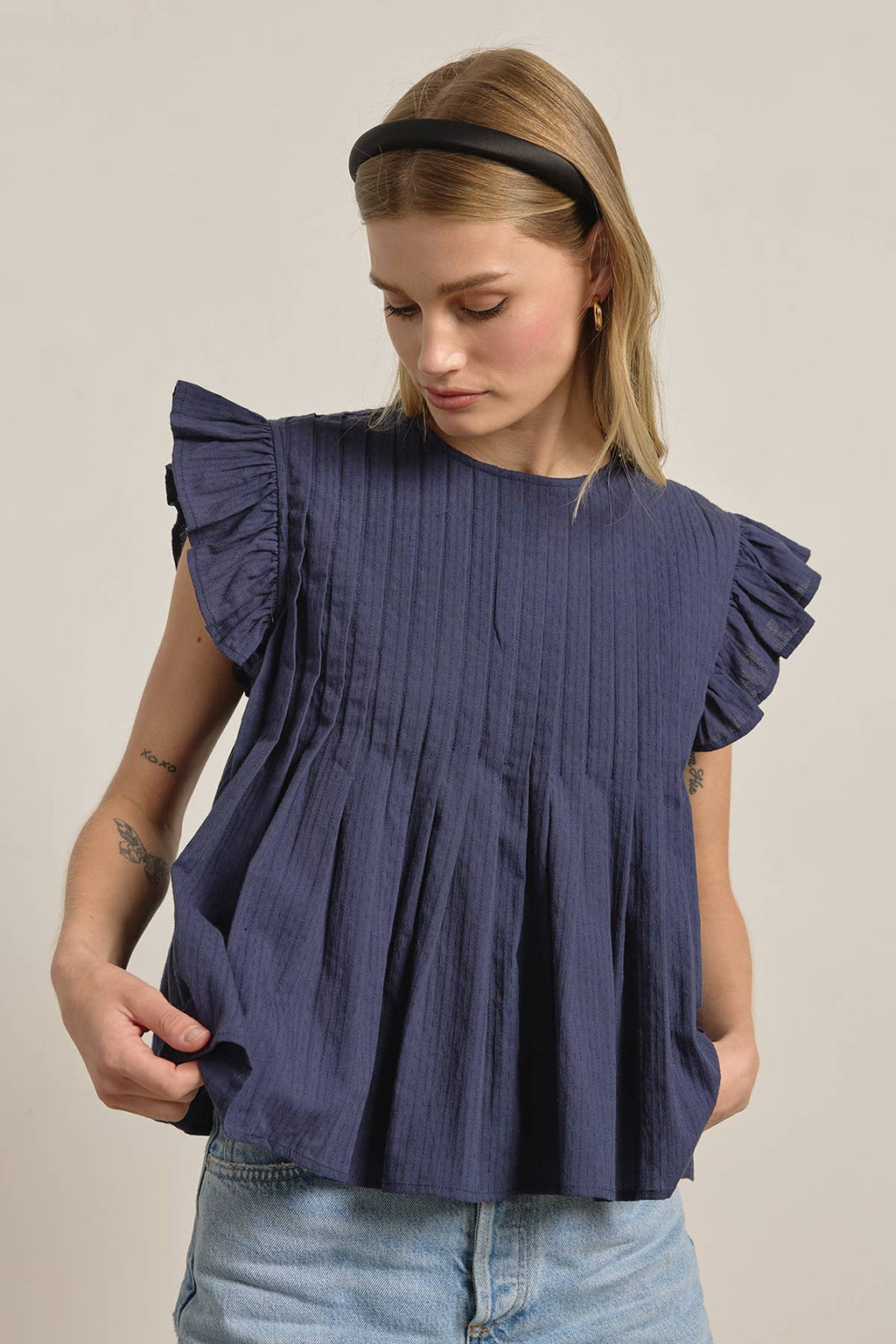 Navy Pleated Flutter Sleeve Top