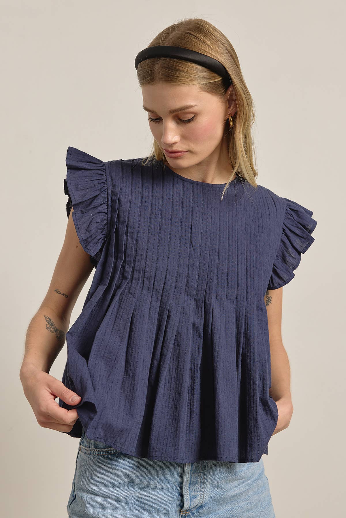 Navy Pleated Flutter Sleeve Top