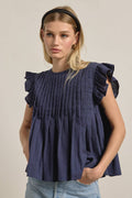 Navy Pleated Flutter Sleeve Top