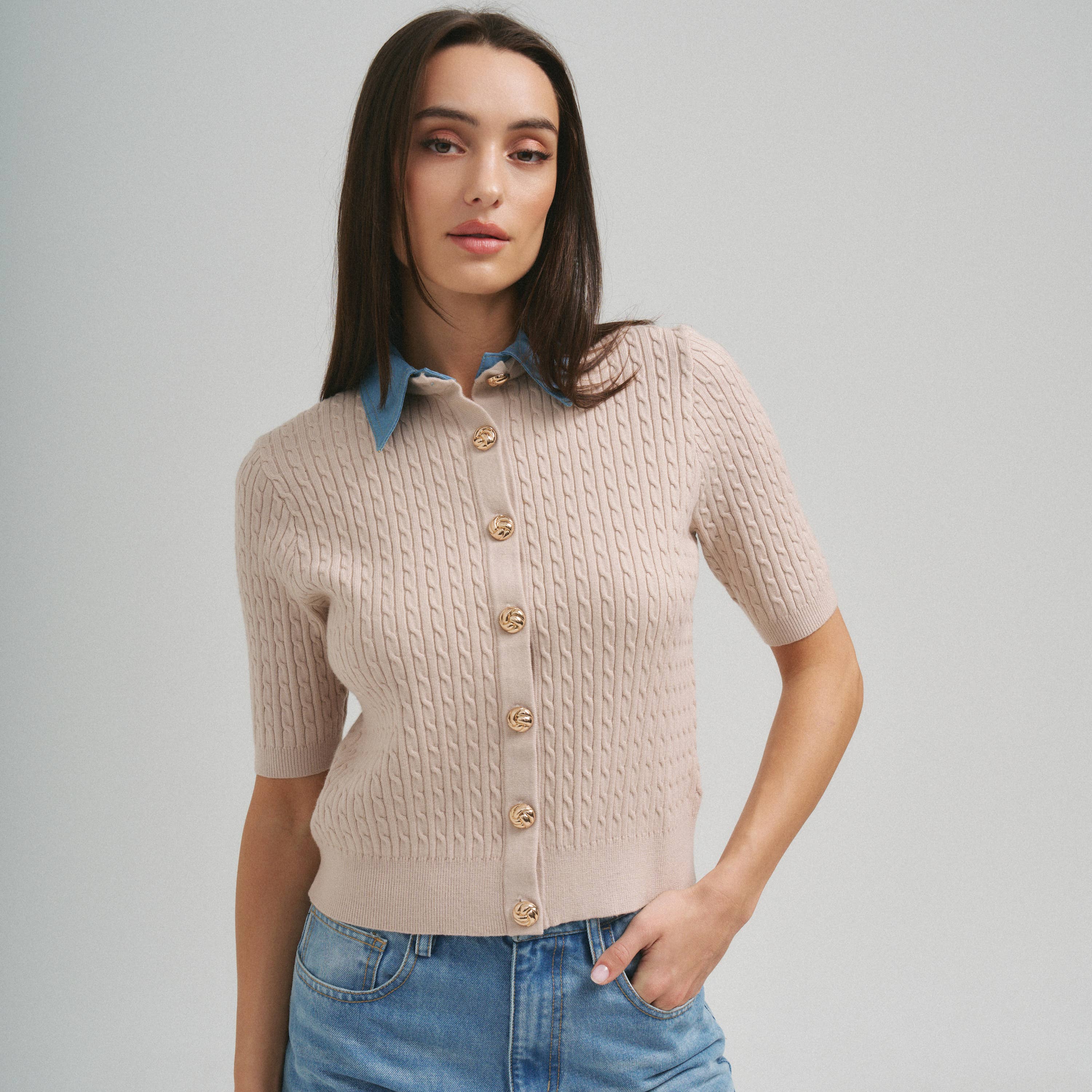 Denim Collar & Cable Knit Cardigan