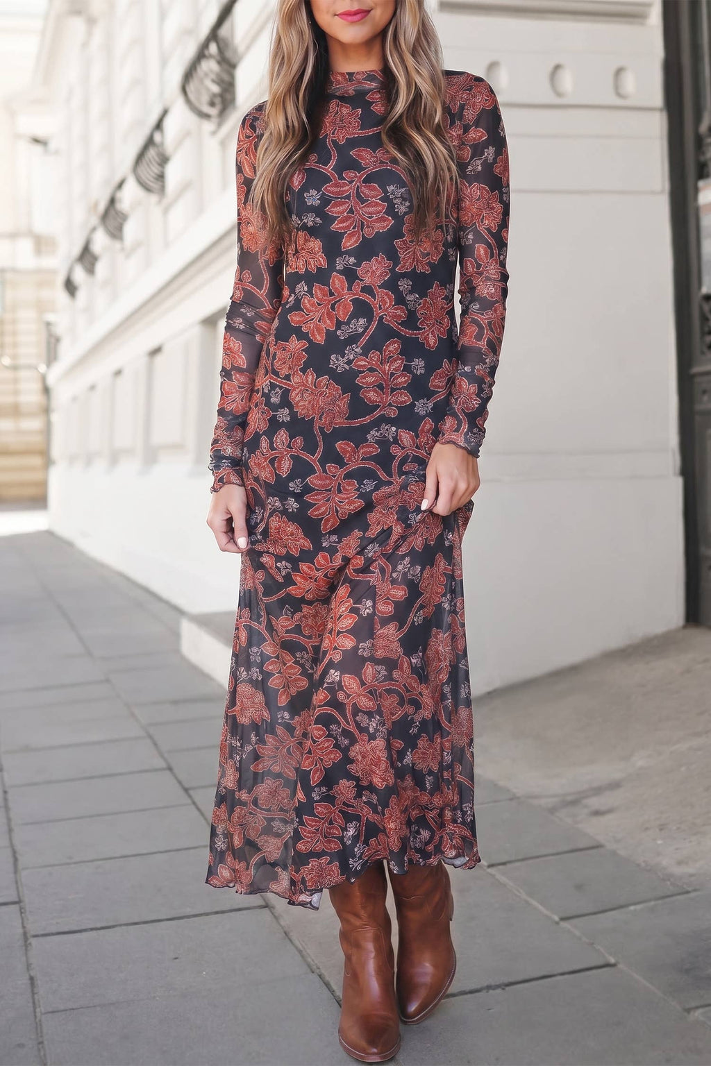 Floral Print Mesh Maxi Dress