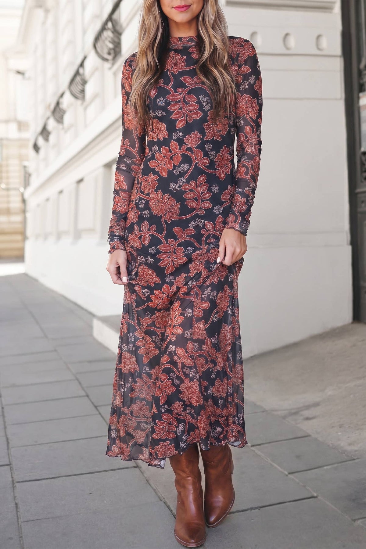 Floral Print Mesh Maxi Dress