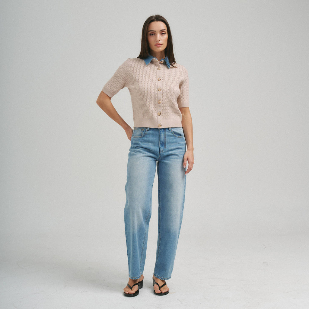 Denim Collar & Cable Knit Cardigan