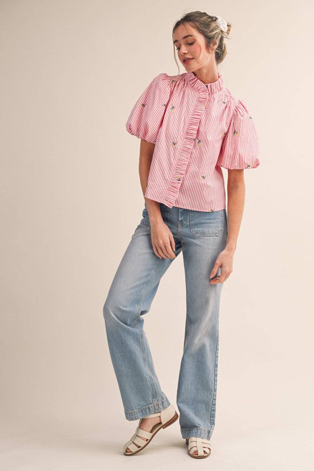 Melissa Embroidered Stripe Ruffle Top