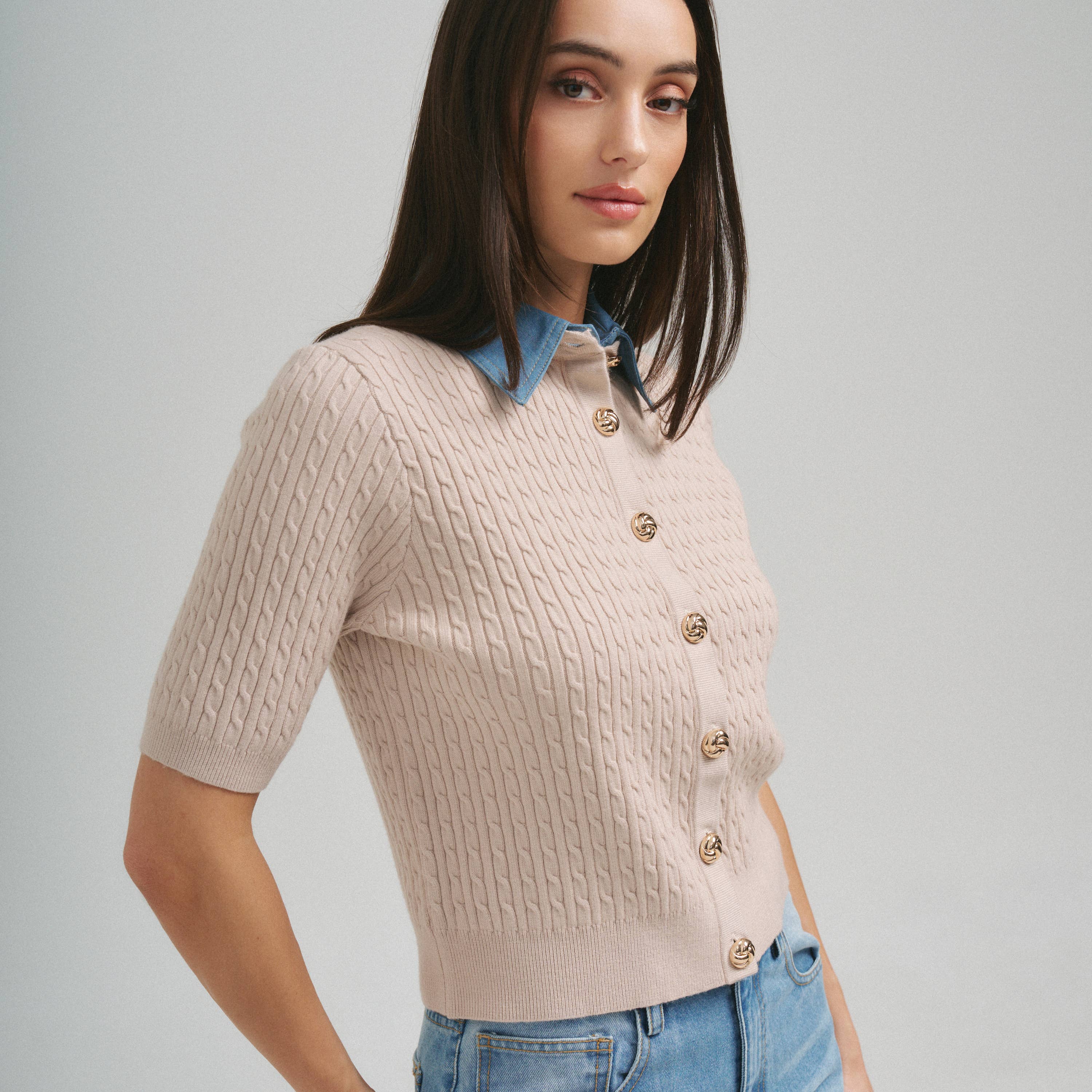 Denim Collar & Cable Knit Cardigan