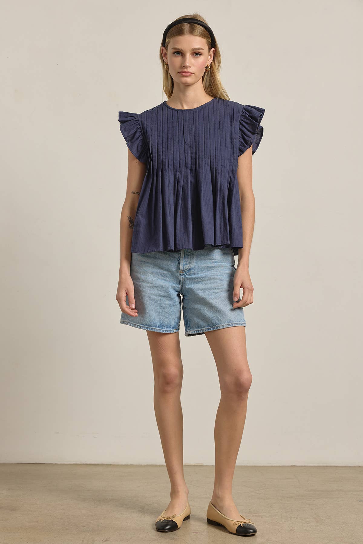 Navy Pleated Flutter Sleeve Top