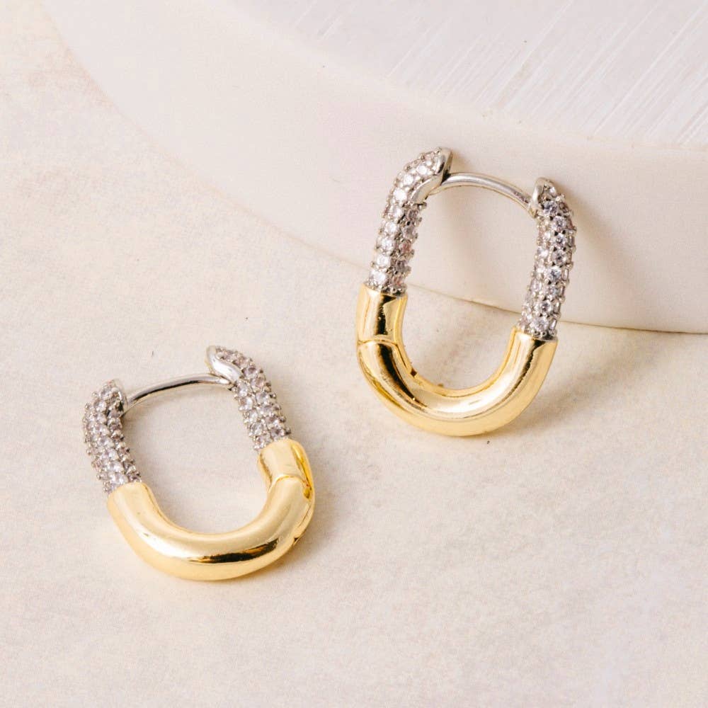 Two-Tone Pave Oval Huggie Earrings