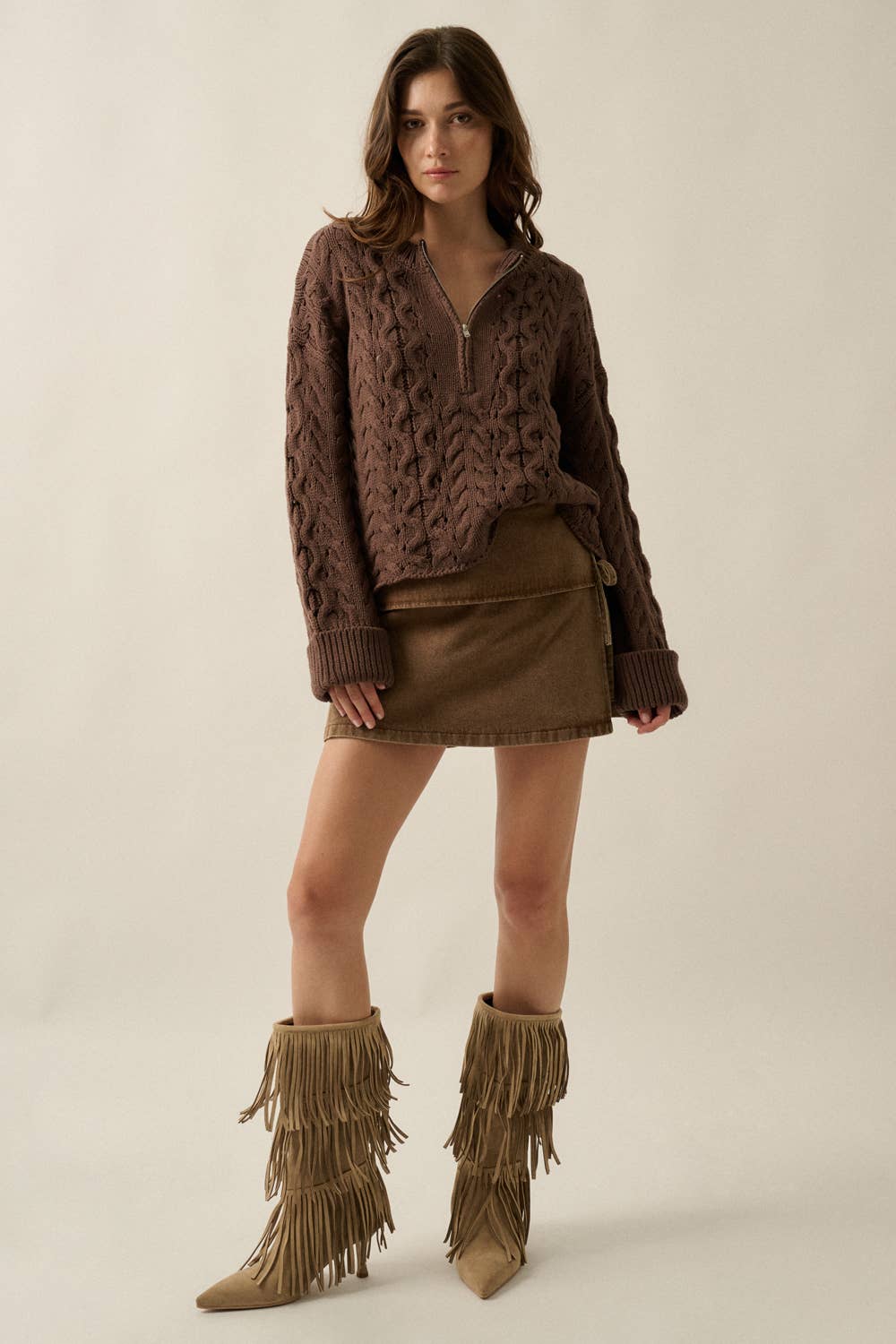 Chocolate Cable-Knit Half-Zip