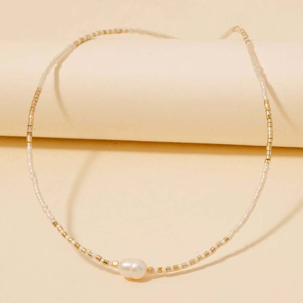 Seed Beaded Pearl Charm Necklace