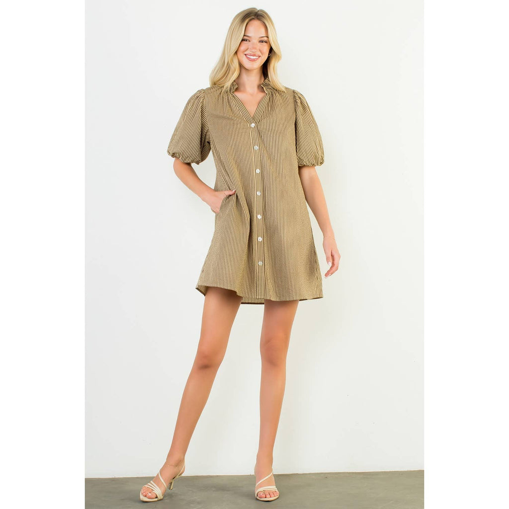 Puff Sleeve Striped Button Up Dress