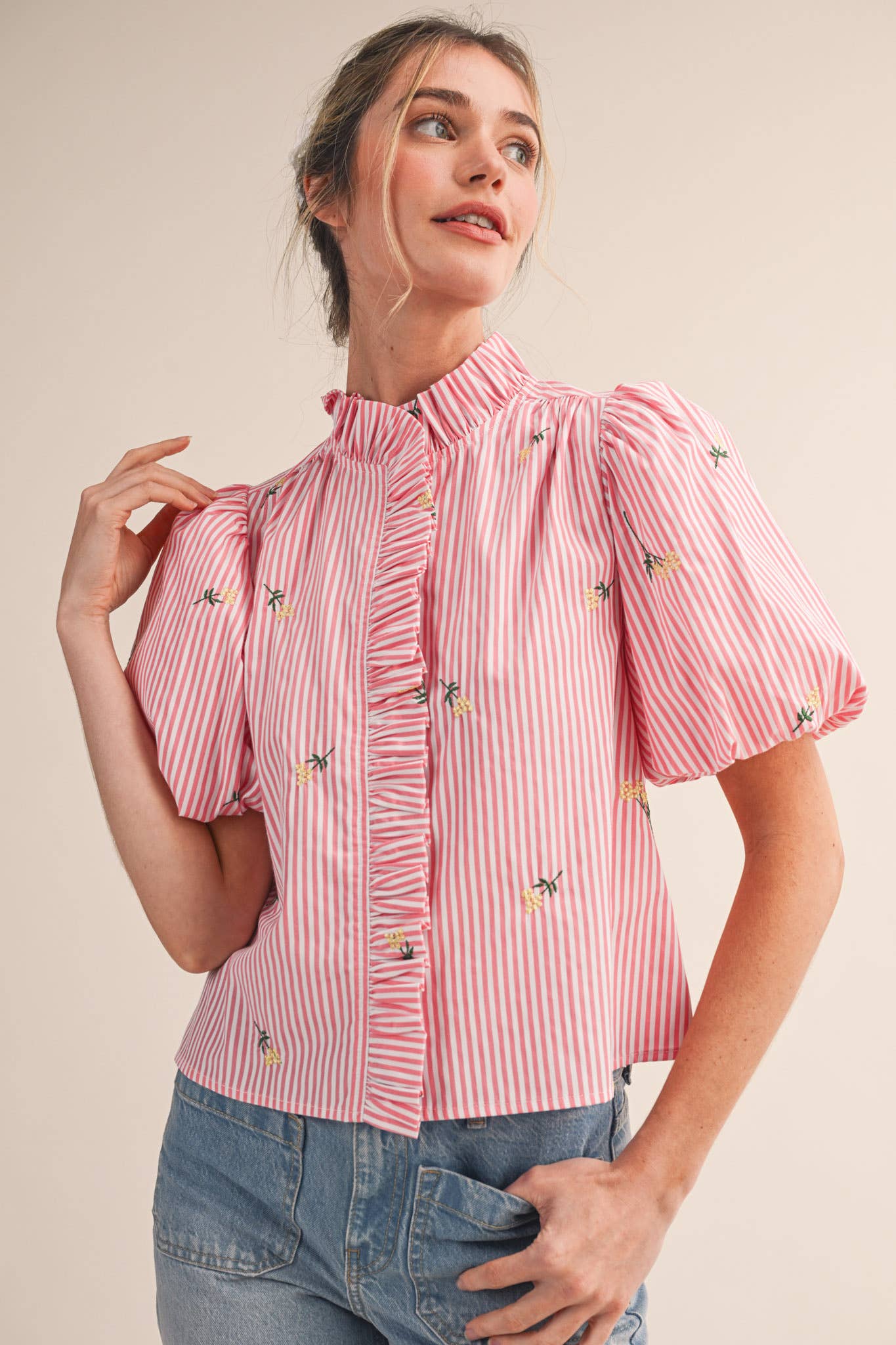 Melissa Embroidered Stripe Ruffle Top