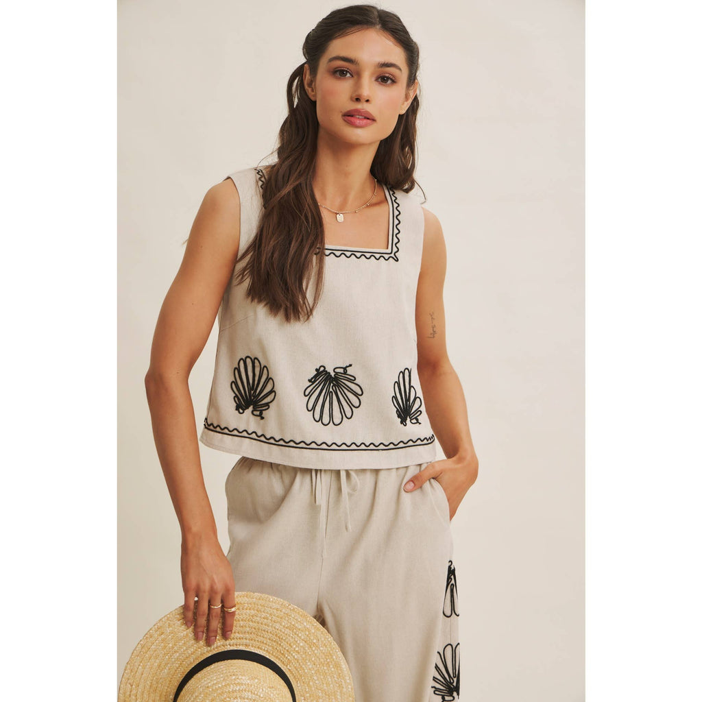 Coastal Seashell Embroidered Top