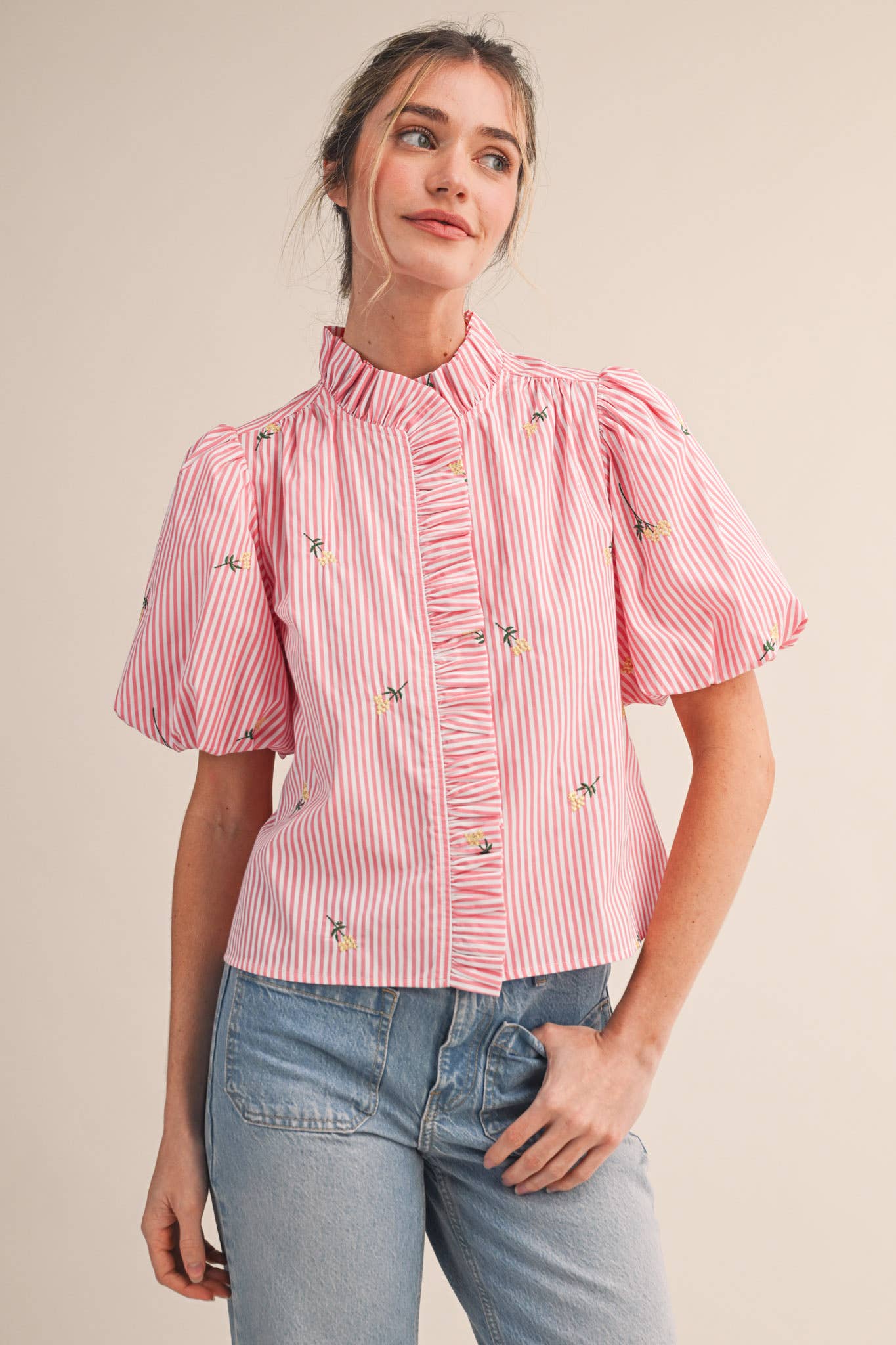 Melissa Embroidered Stripe Ruffle Top