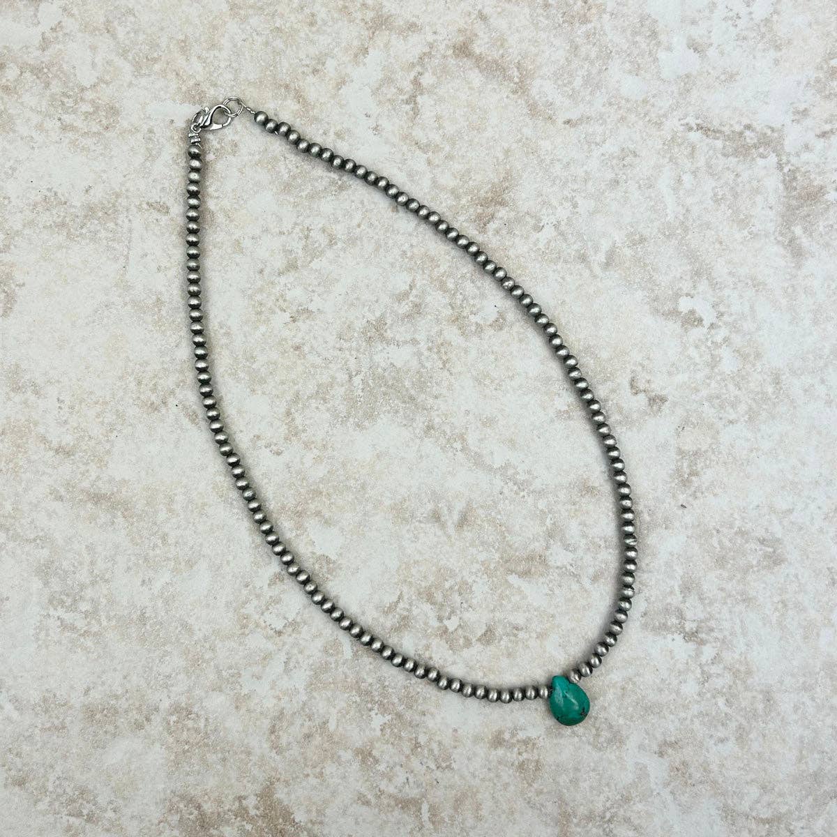 Navajo Pearl Beaded Necklace with Turquoise Drop