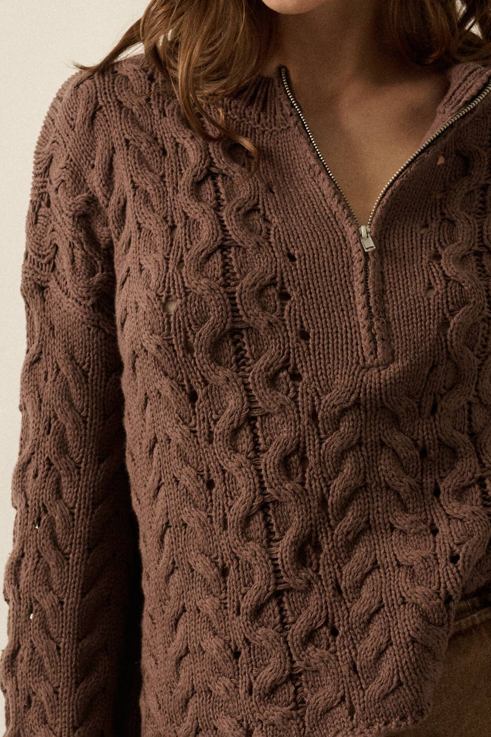 Chocolate Cable-Knit Half-Zip