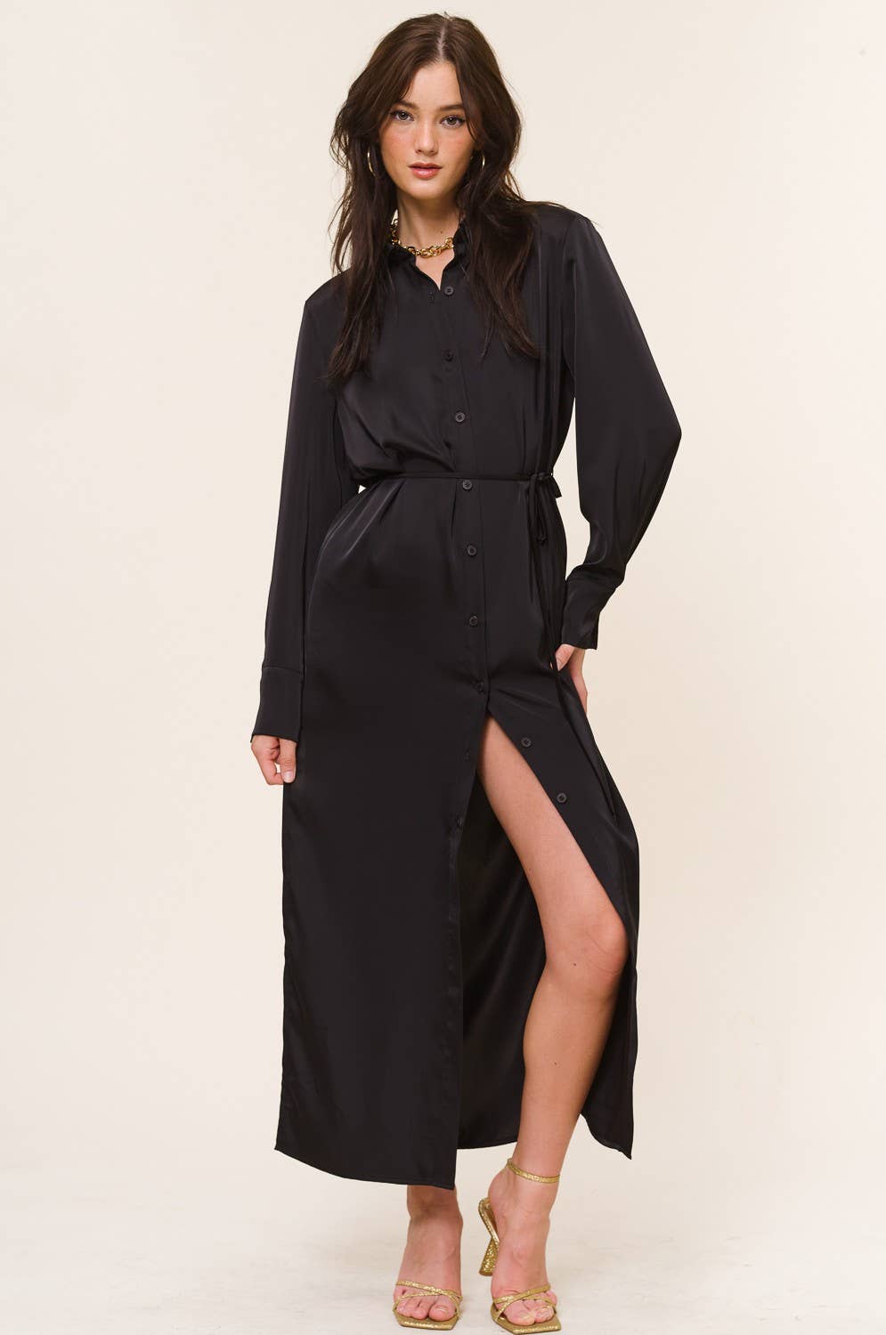 Silky Button Down Shirt Dress with Drawstring Belt