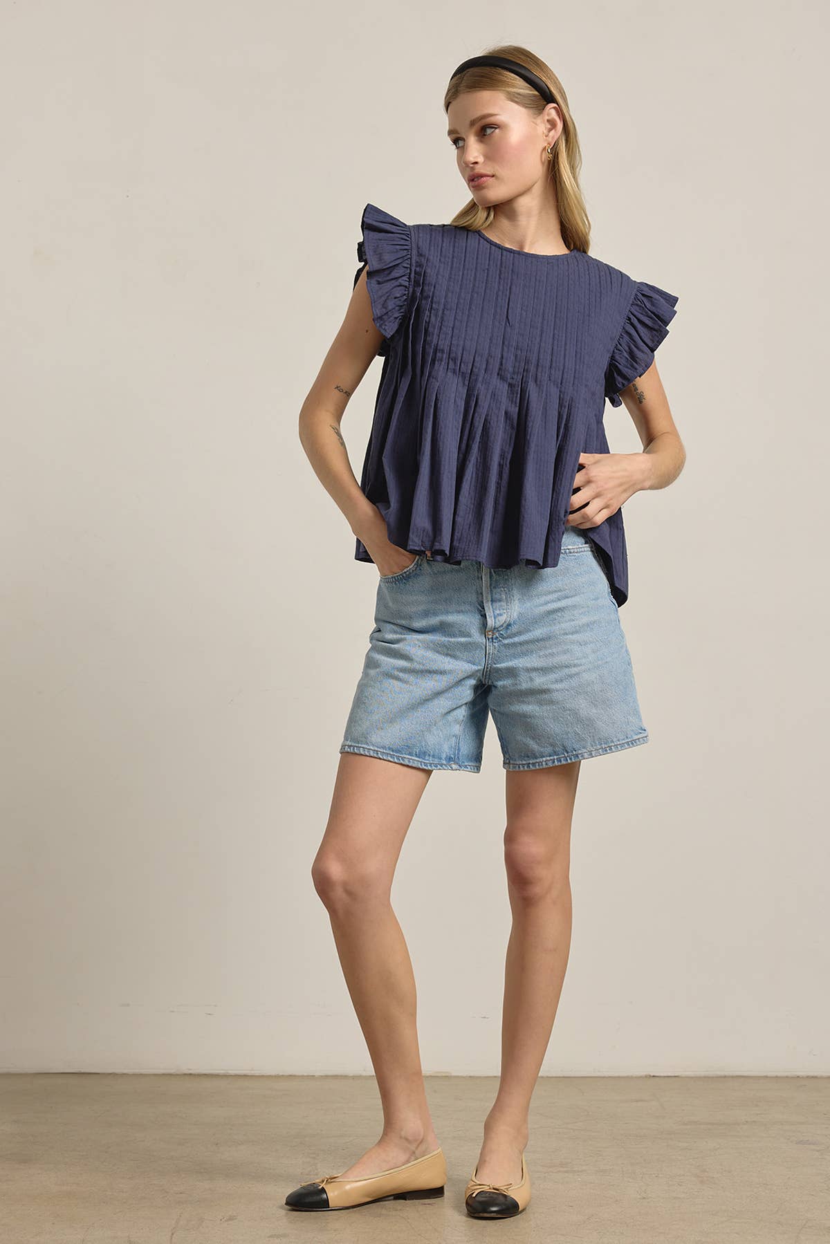 Navy Pleated Flutter Sleeve Top