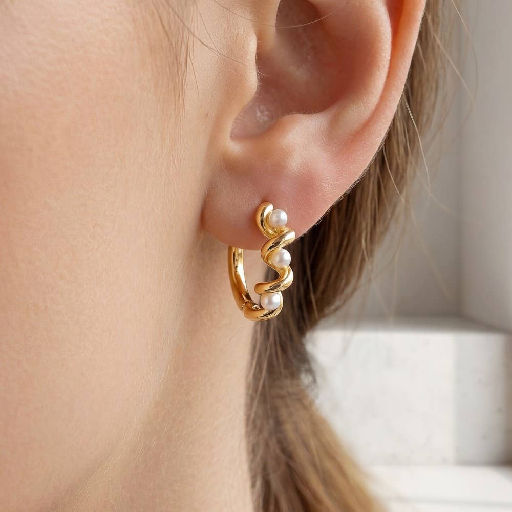 Mini Pearl Twisted Hoop Earrings