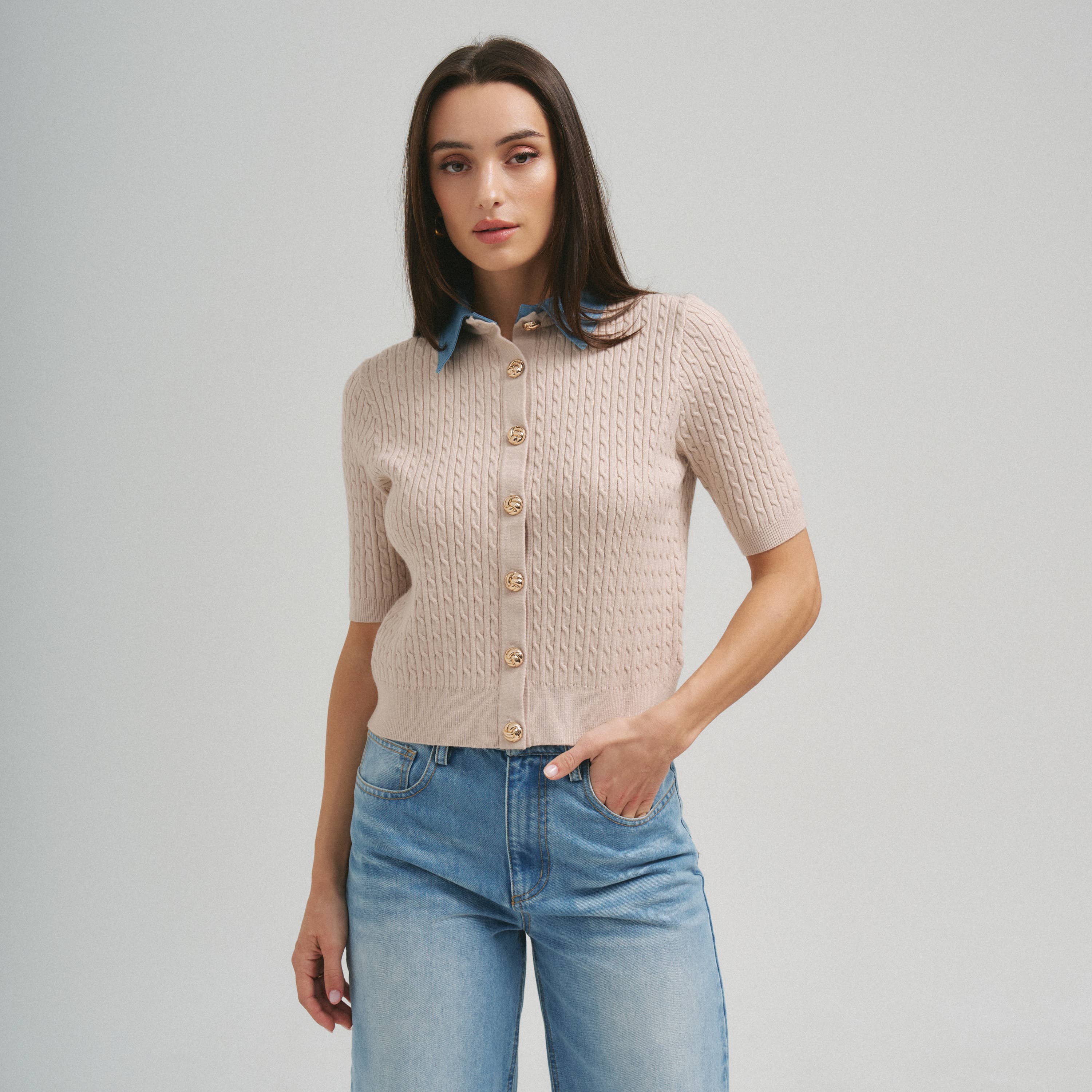 Denim Collar & Cable Knit Cardigan