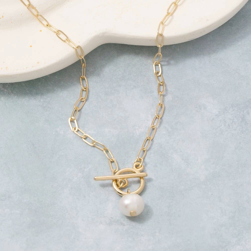 Paperclip Toggle Pearl Drop Necklace