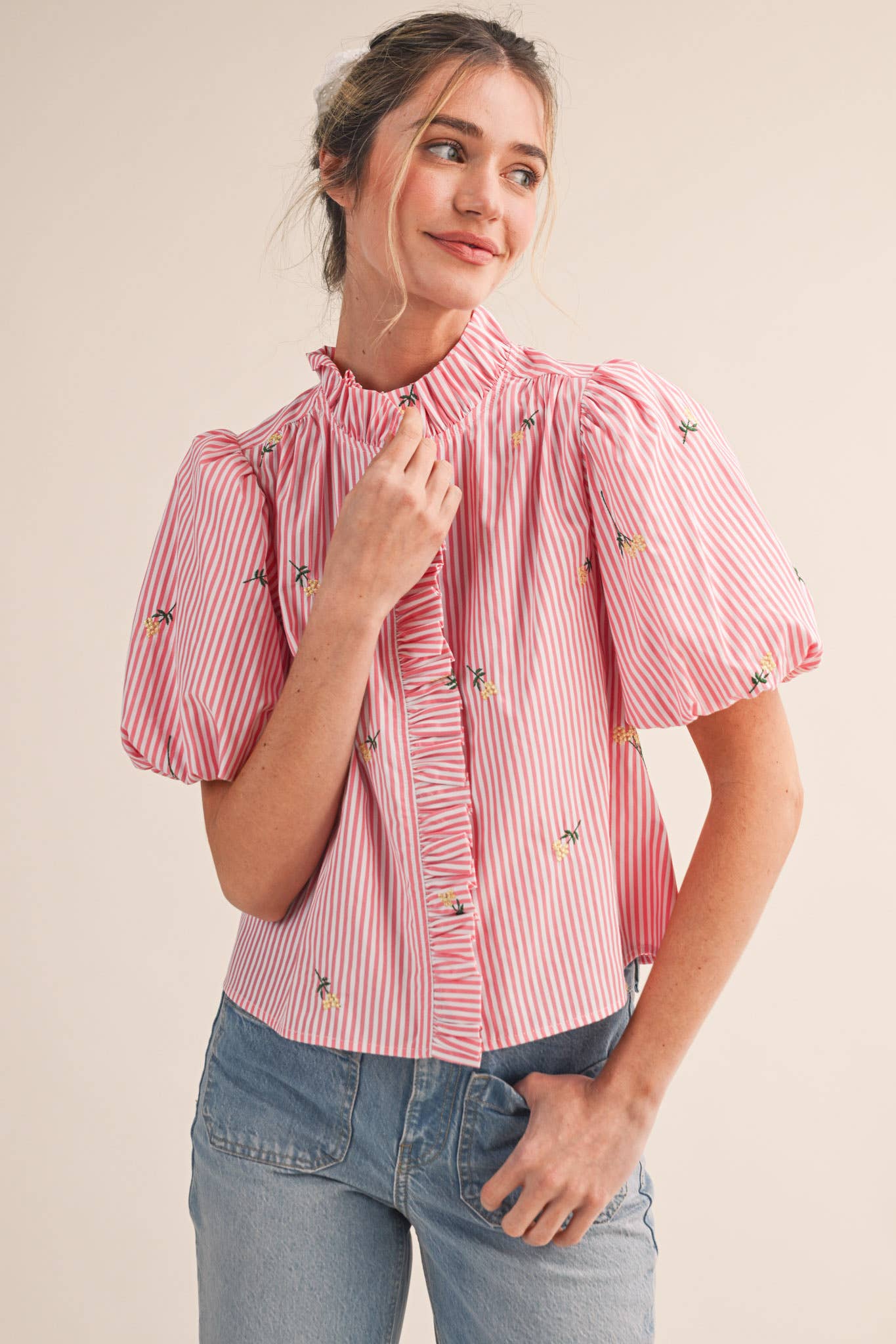 Melissa Embroidered Stripe Ruffle Top