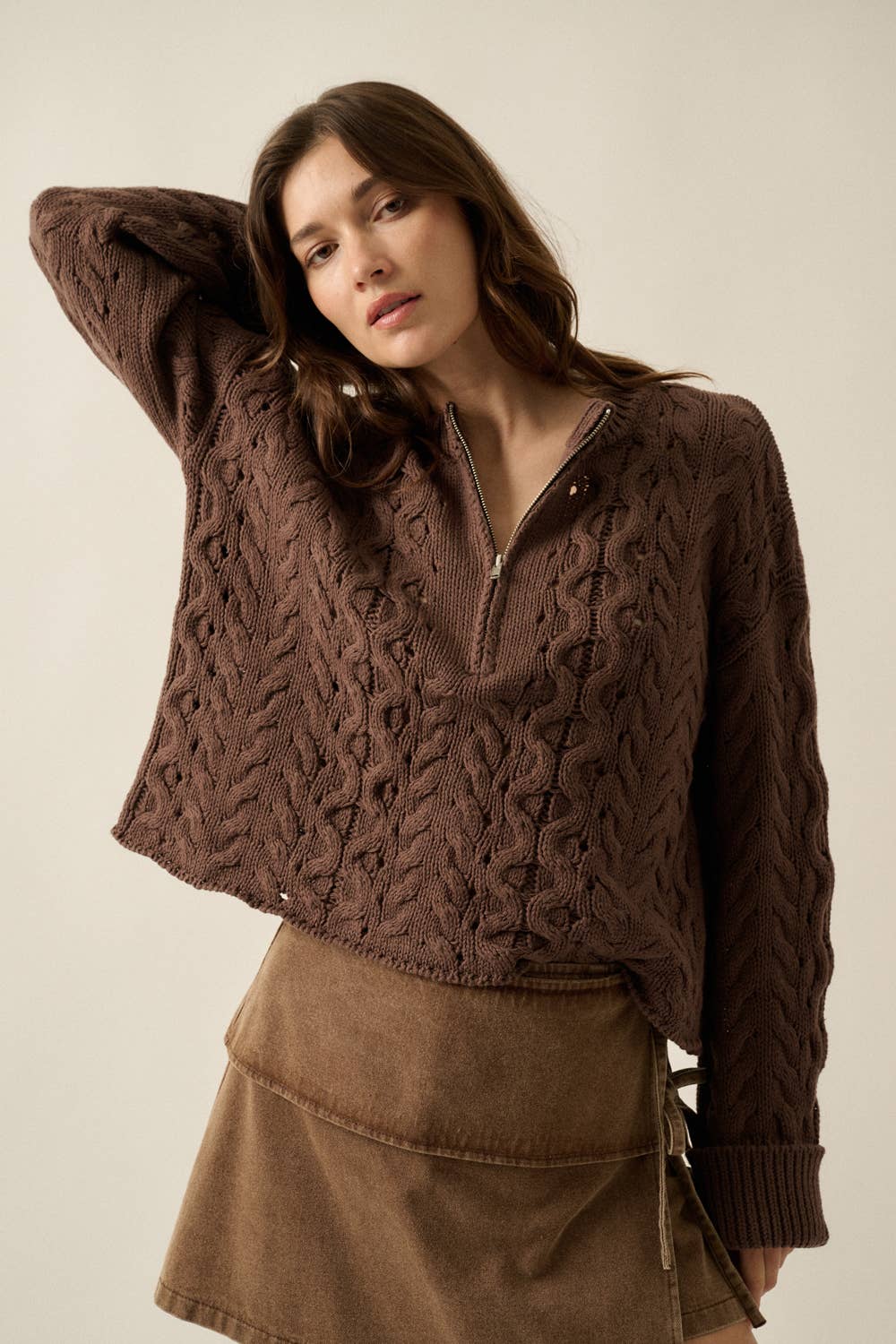Chocolate Cable-Knit Half-Zip
