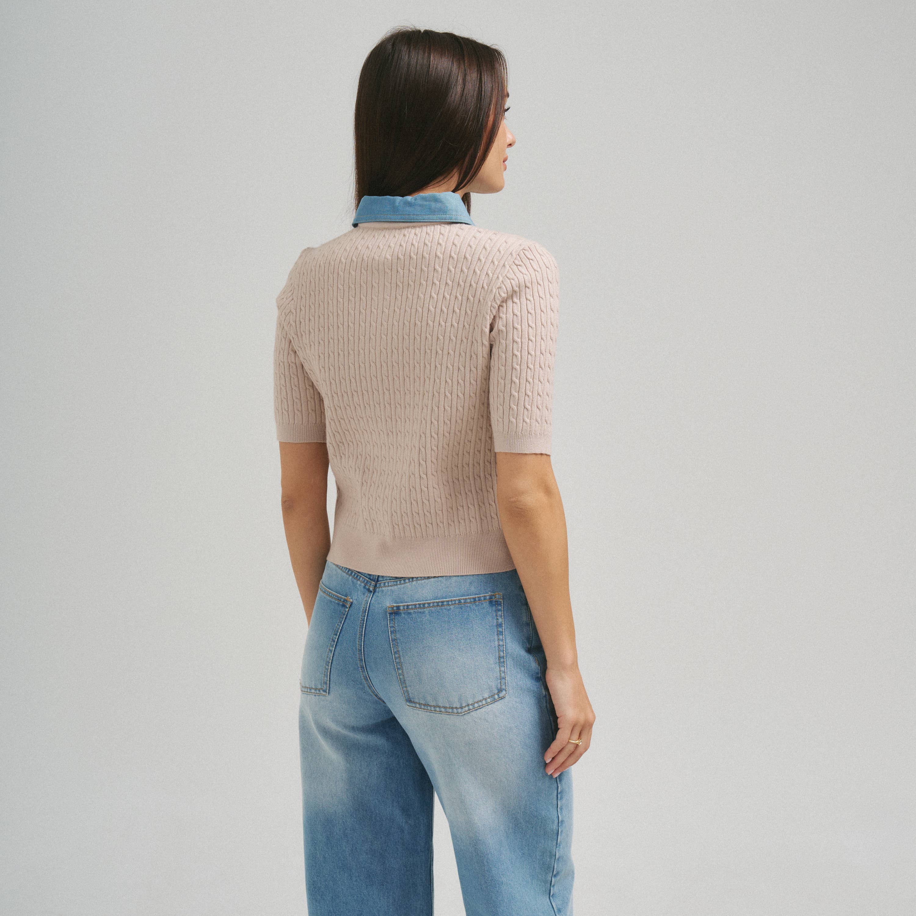 Denim Collar & Cable Knit Cardigan