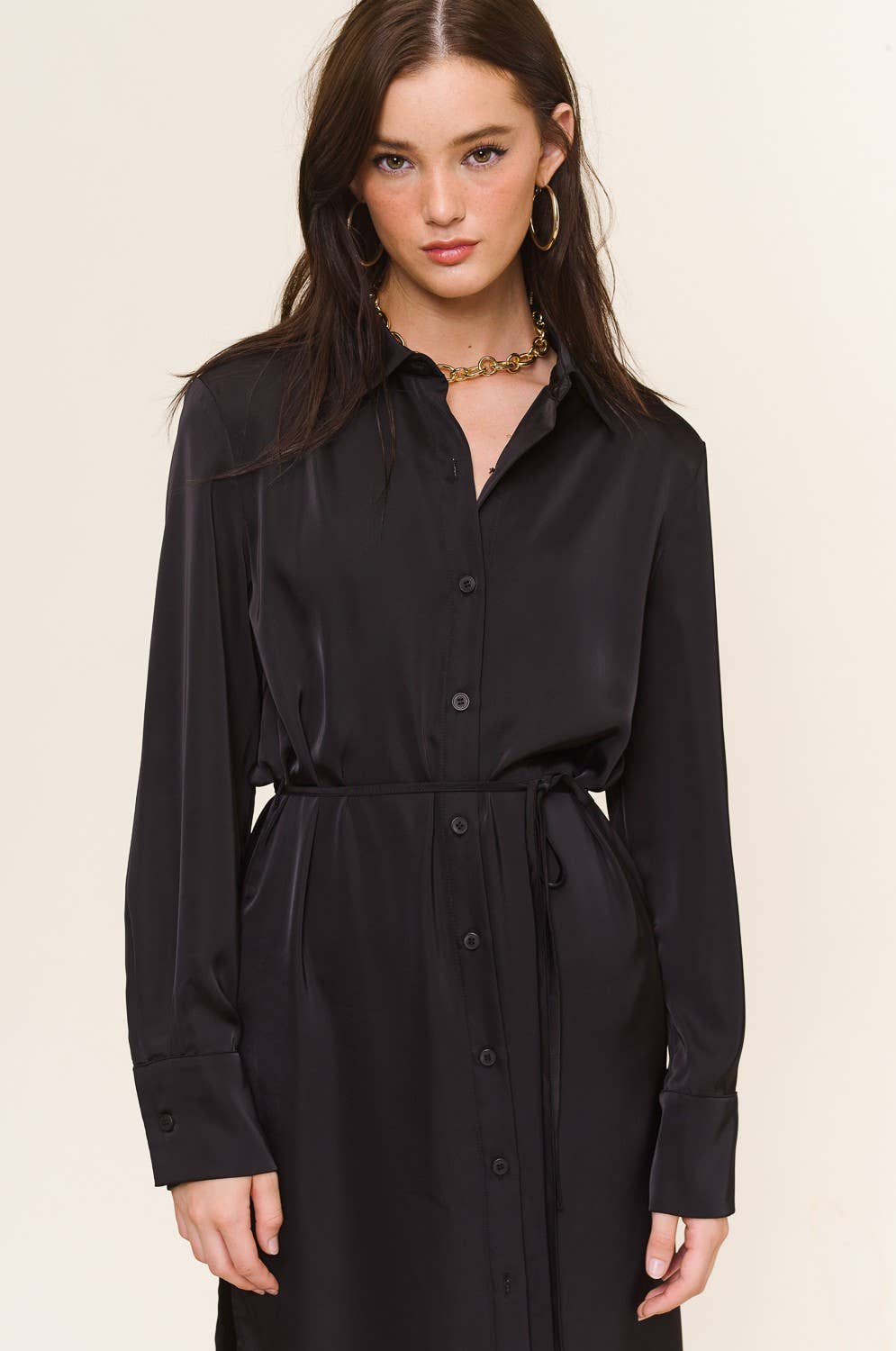 Silky Button Down Shirt Dress with Drawstring Belt