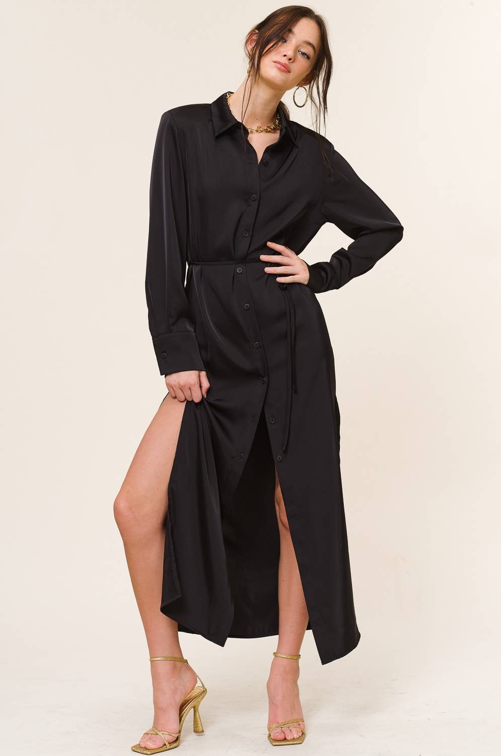 Silky Button Down Shirt Dress with Drawstring Belt