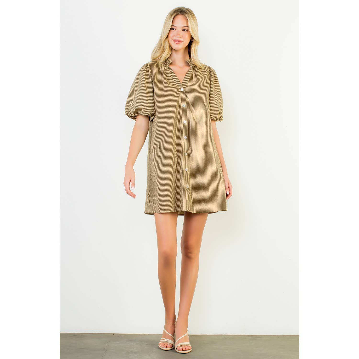 Puff Sleeve Striped Button Up Dress