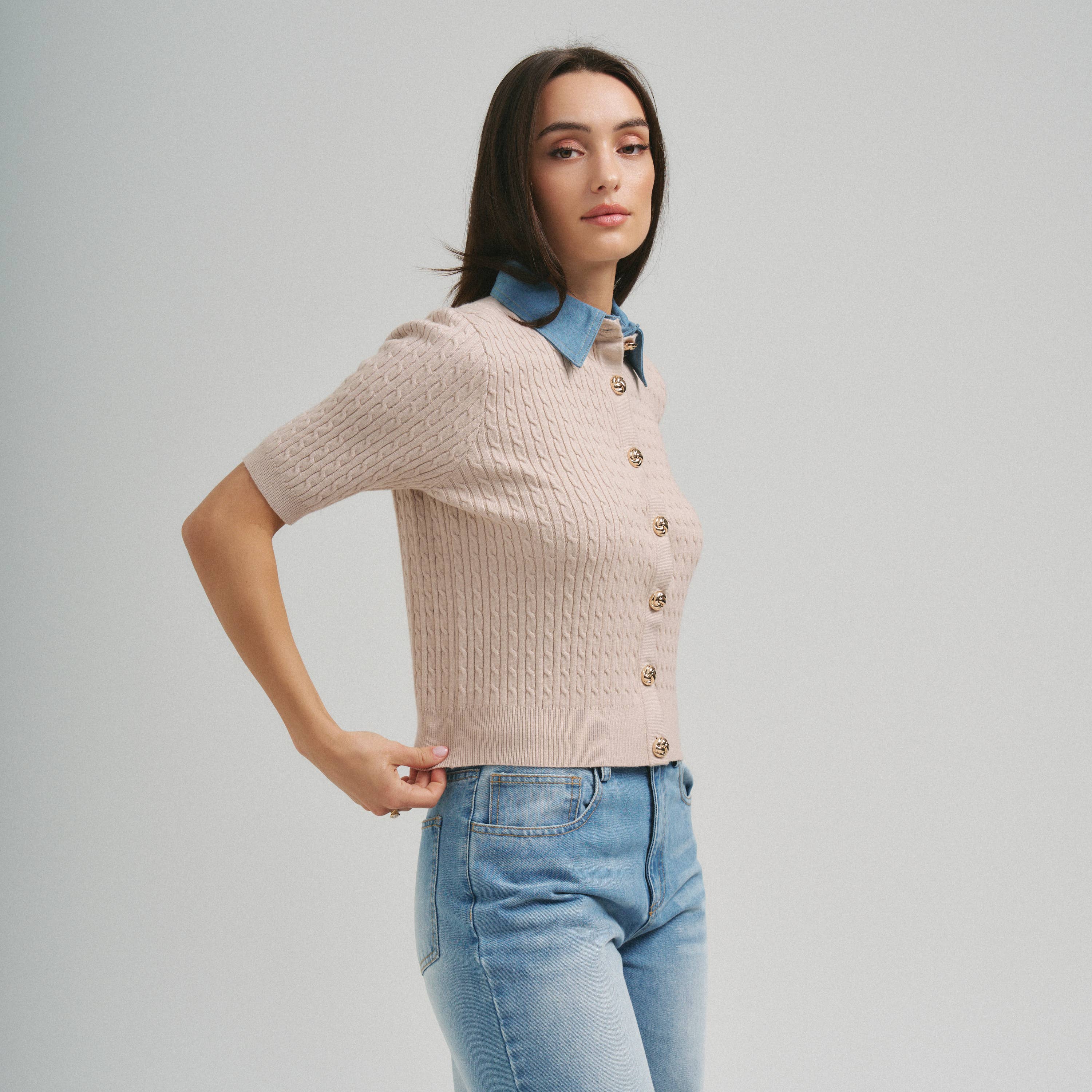 Denim Collar & Cable Knit Cardigan