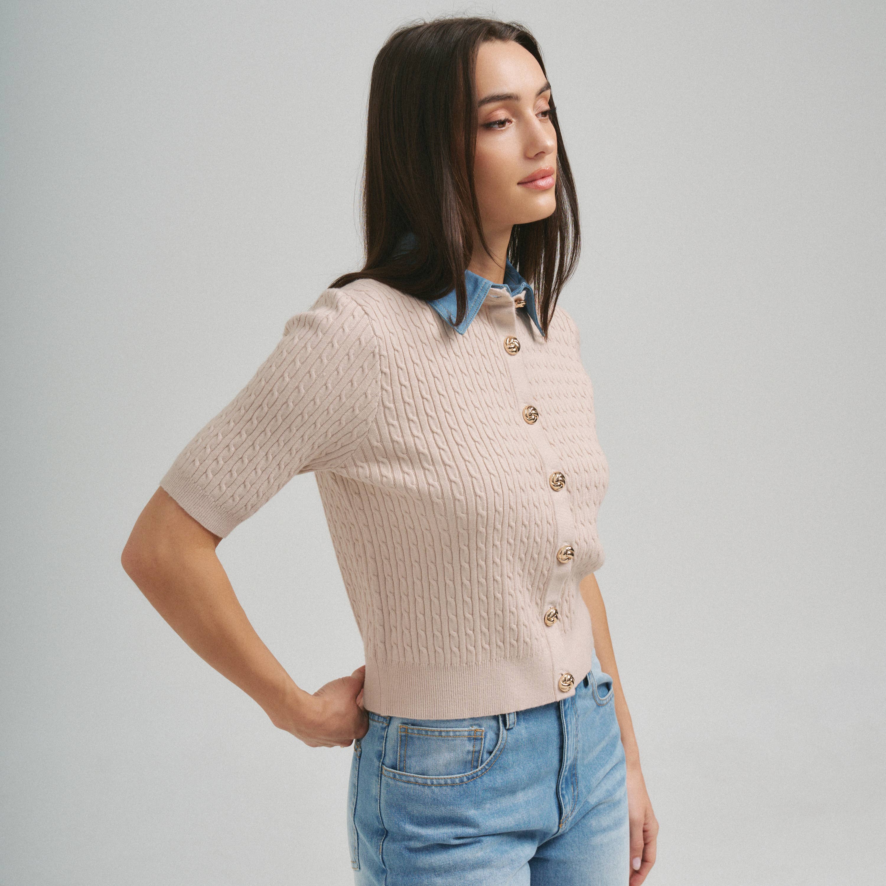 Denim Collar & Cable Knit Cardigan