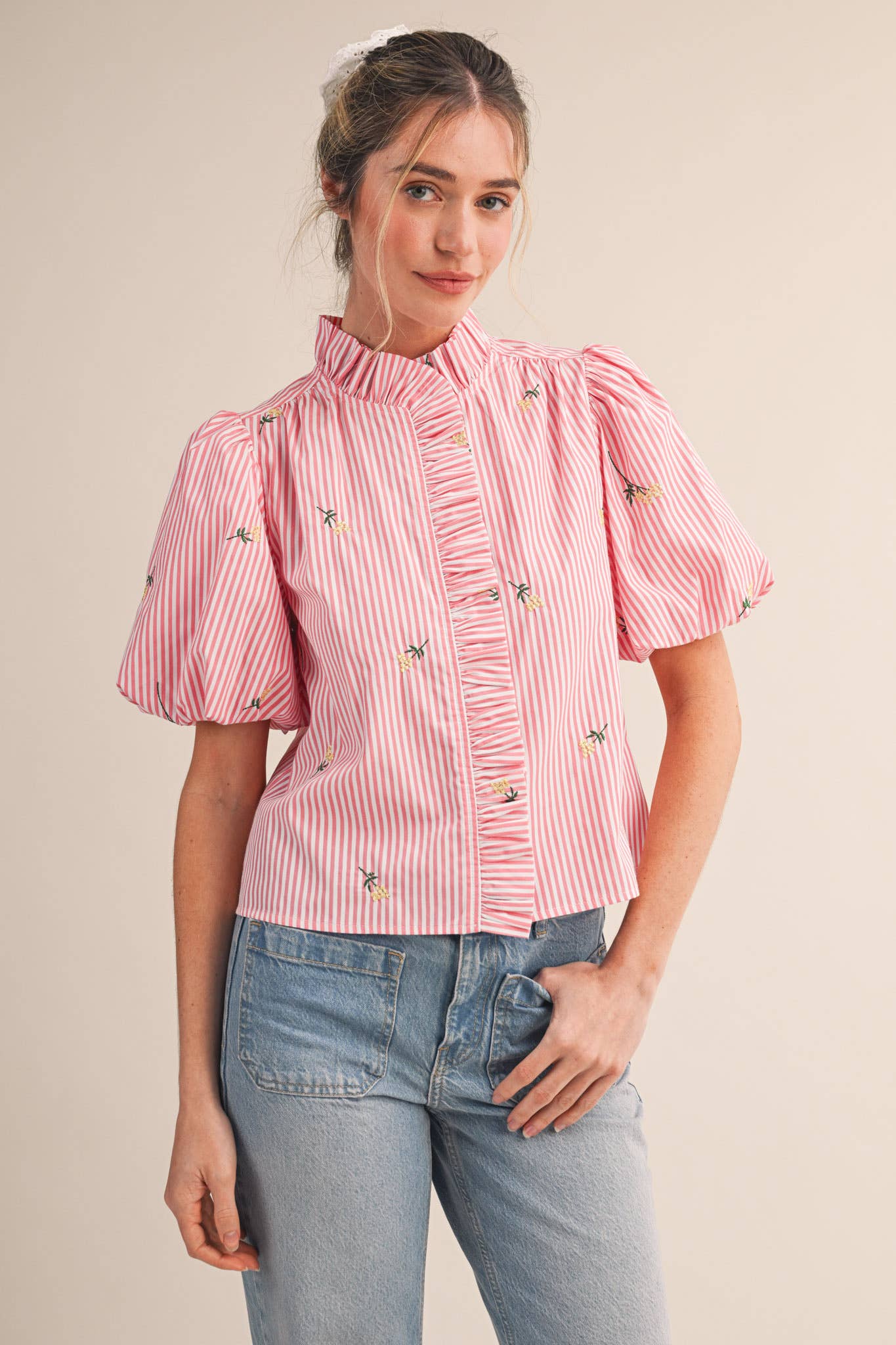 Melissa Embroidered Stripe Ruffle Top