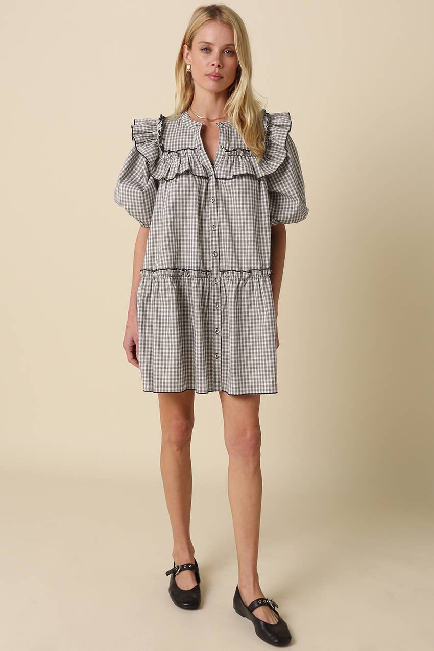 Cara Gingham Ruffle-Trim Dress