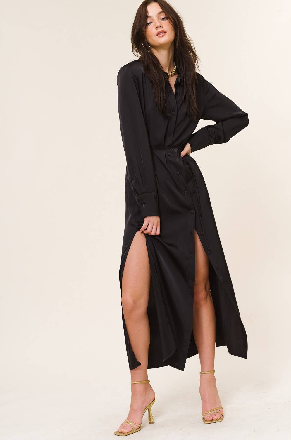 Silky Button Down Shirt Dress with Drawstring Belt