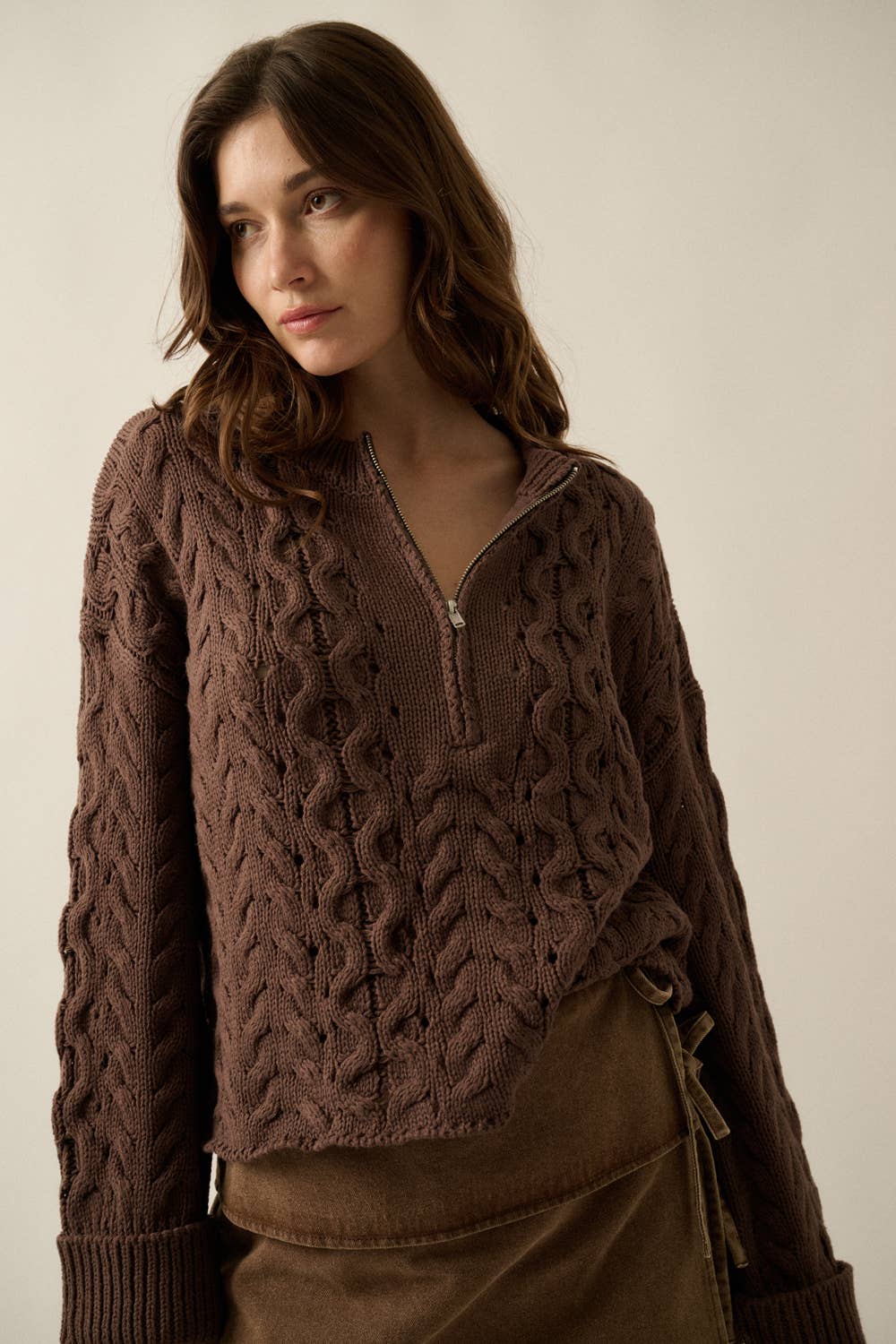 Chocolate Cable-Knit Half-Zip