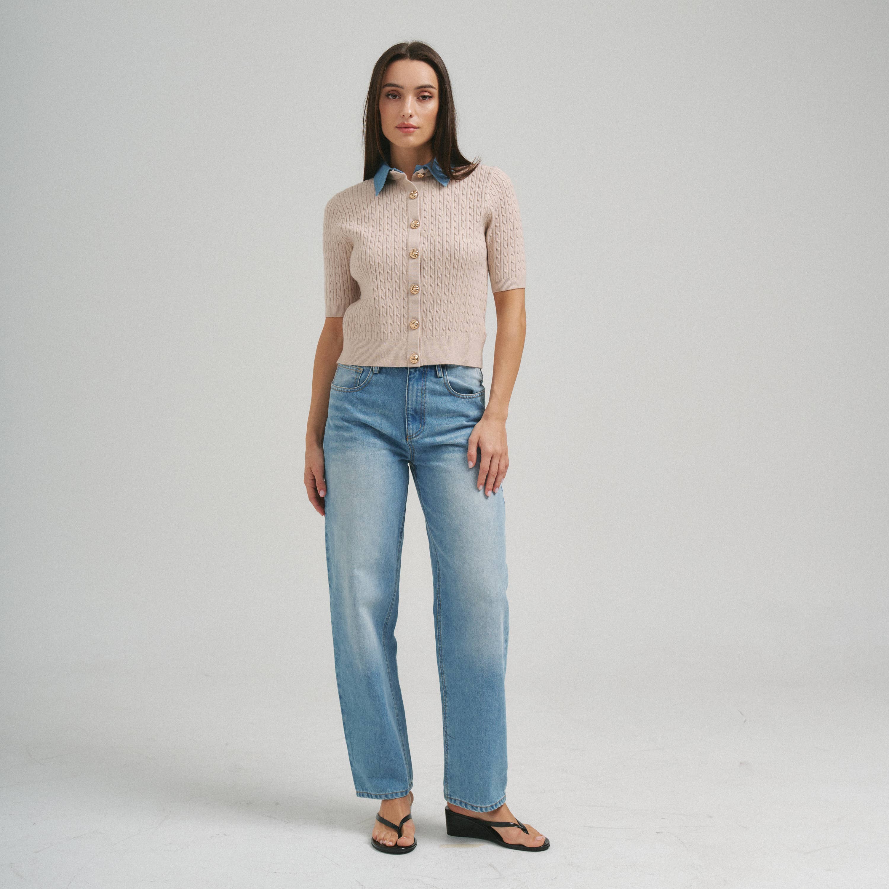 Denim Collar & Cable Knit Cardigan