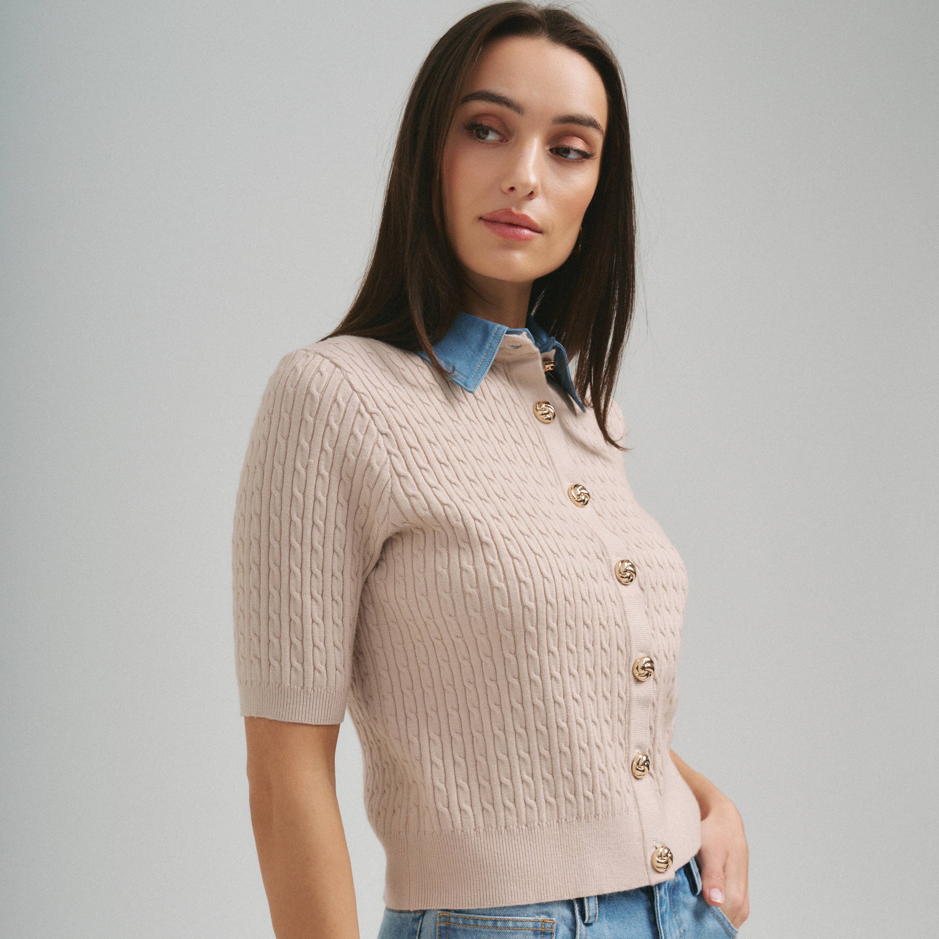 Denim Collar & Cable Knit Cardigan