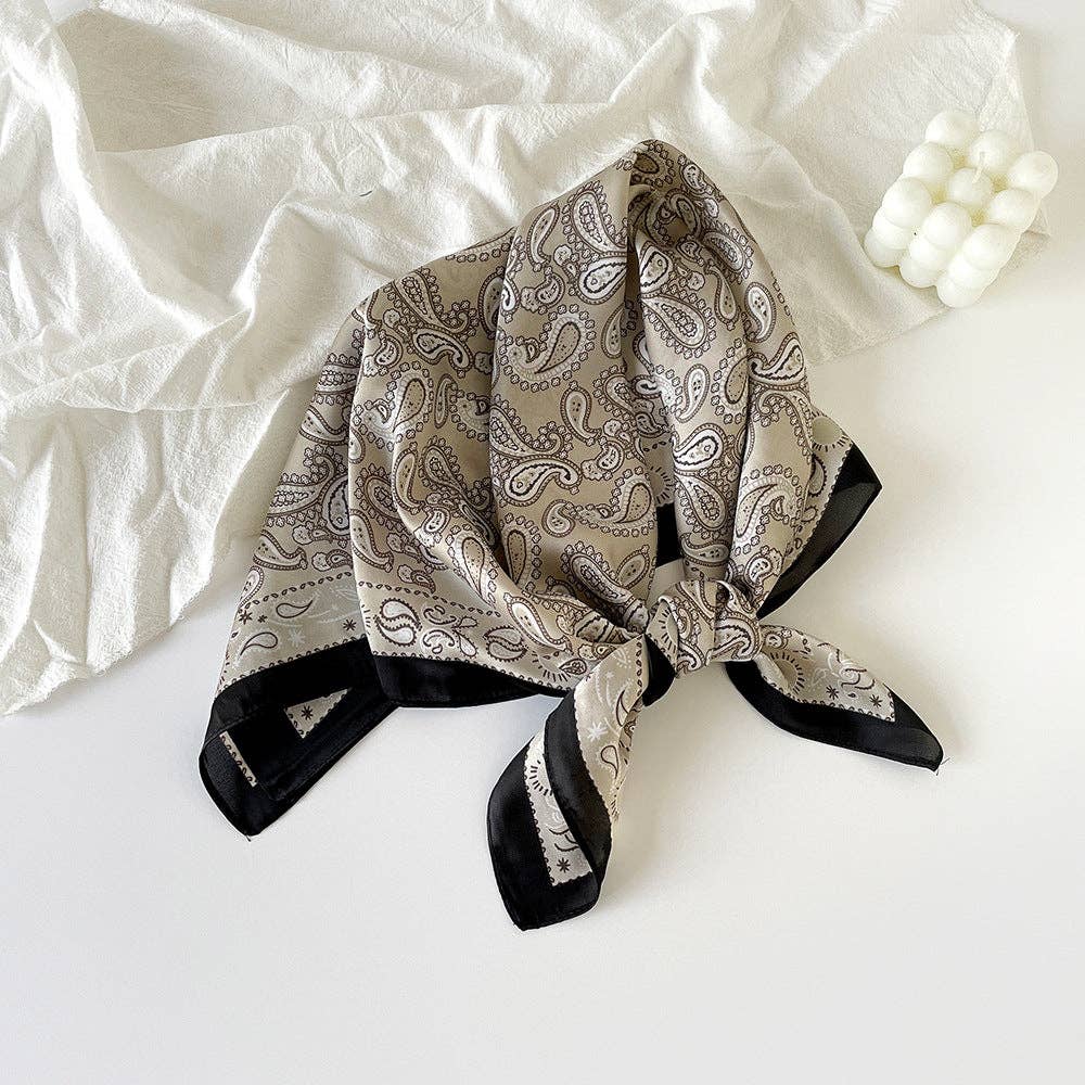 Paisley Pattern Square Satin Bandana: Black & Grey