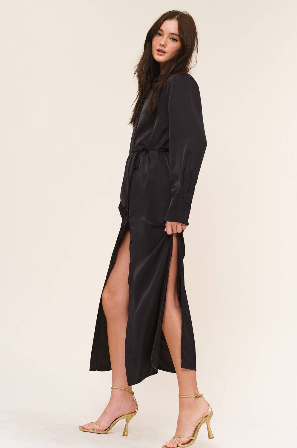 Silky Button Down Shirt Dress with Drawstring Belt