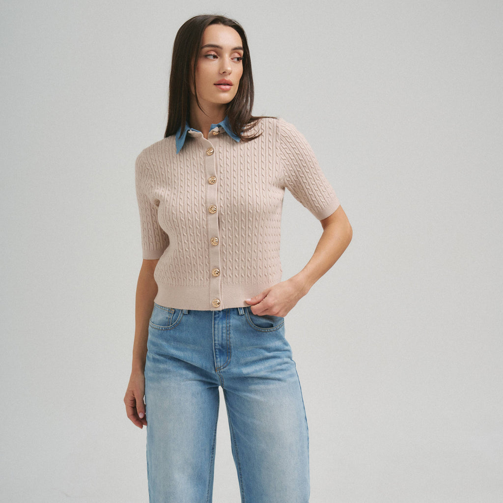 Denim Collar & Cable Knit Cardigan