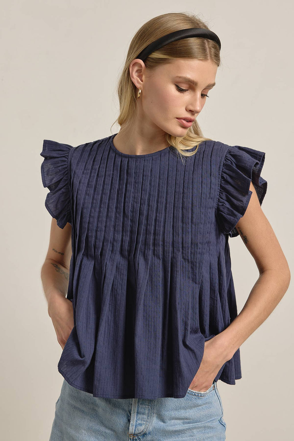 Navy Pleated Flutter Sleeve Top