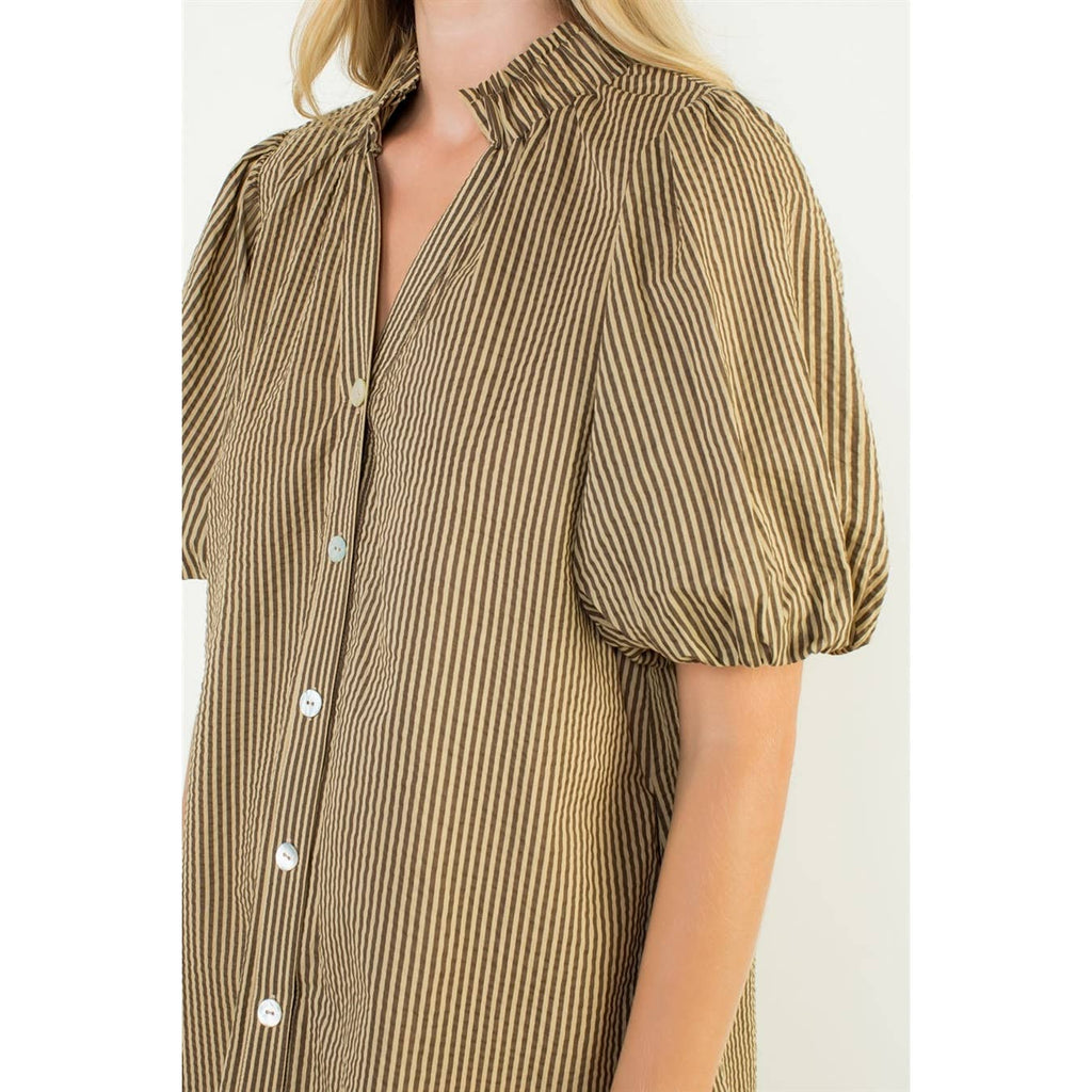 Puff Sleeve Striped Button Up Dress