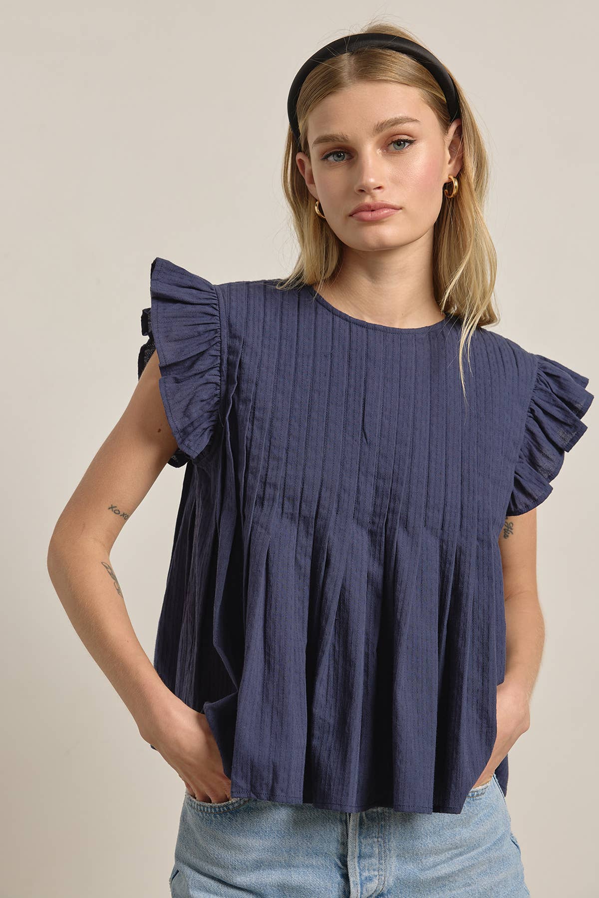 Navy Pleated Flutter Sleeve Top